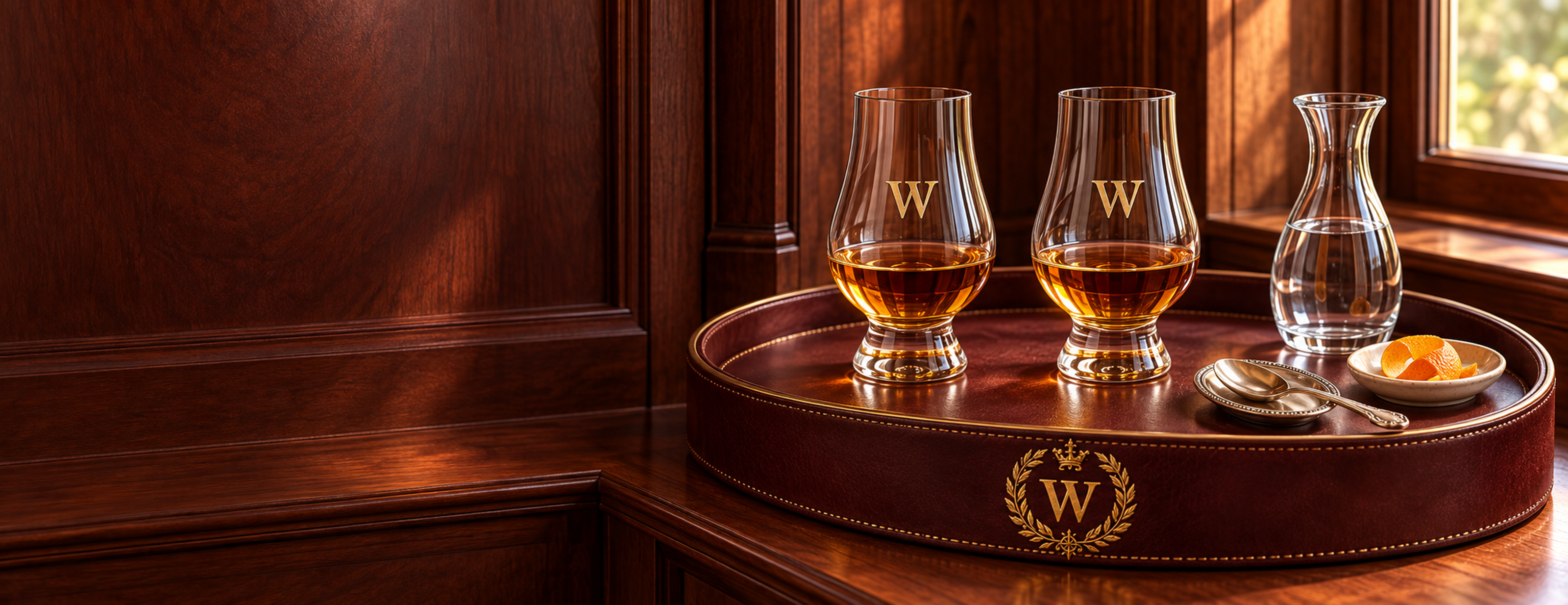 Two gold-W tasting glasses with whiskey, water, and orange peel on a crested leather tray.