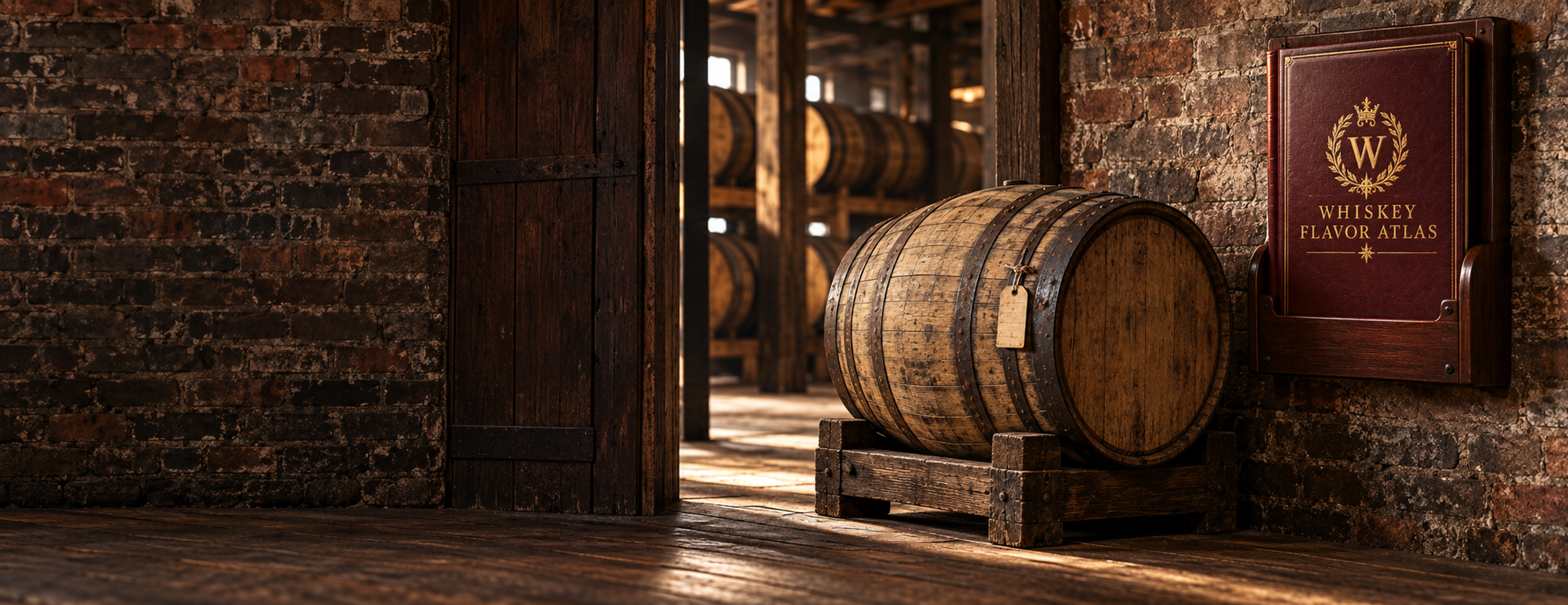 An oak barrel beside a Whiskey Flavor Atlas leather register.