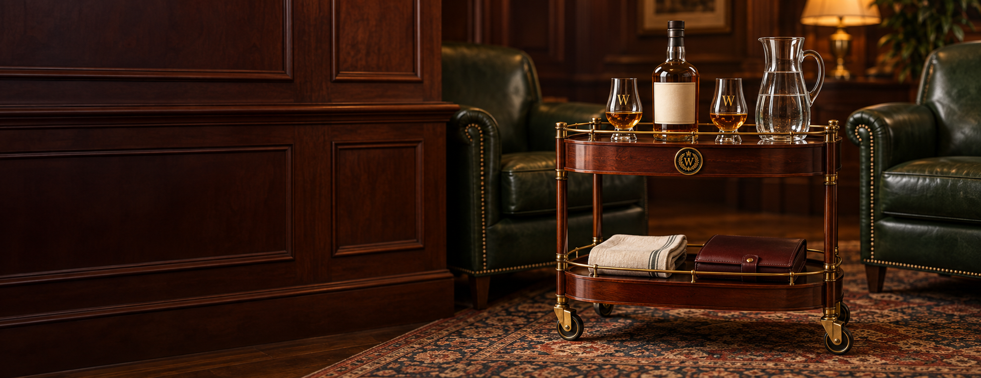A cherry-wood drinks trolley with a neutral-label bottle, gold-W glasses, water, and the Whiskey Flavor Atlas crest.
