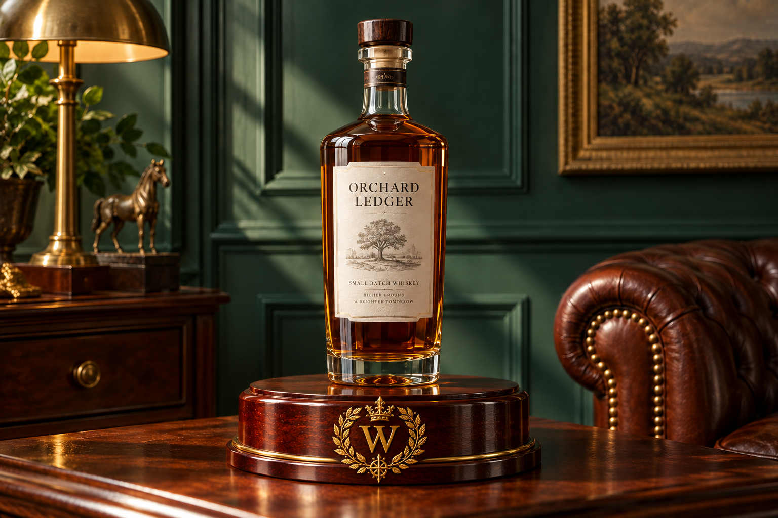 A fully framed fictional whiskey bottle with a clear producer label