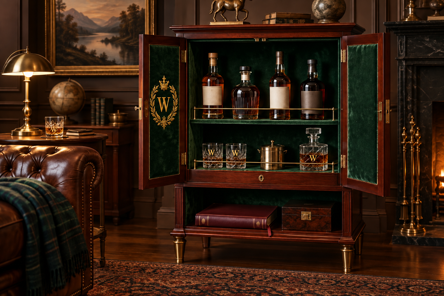 A private cherry cabinet with bottles and a leather record book