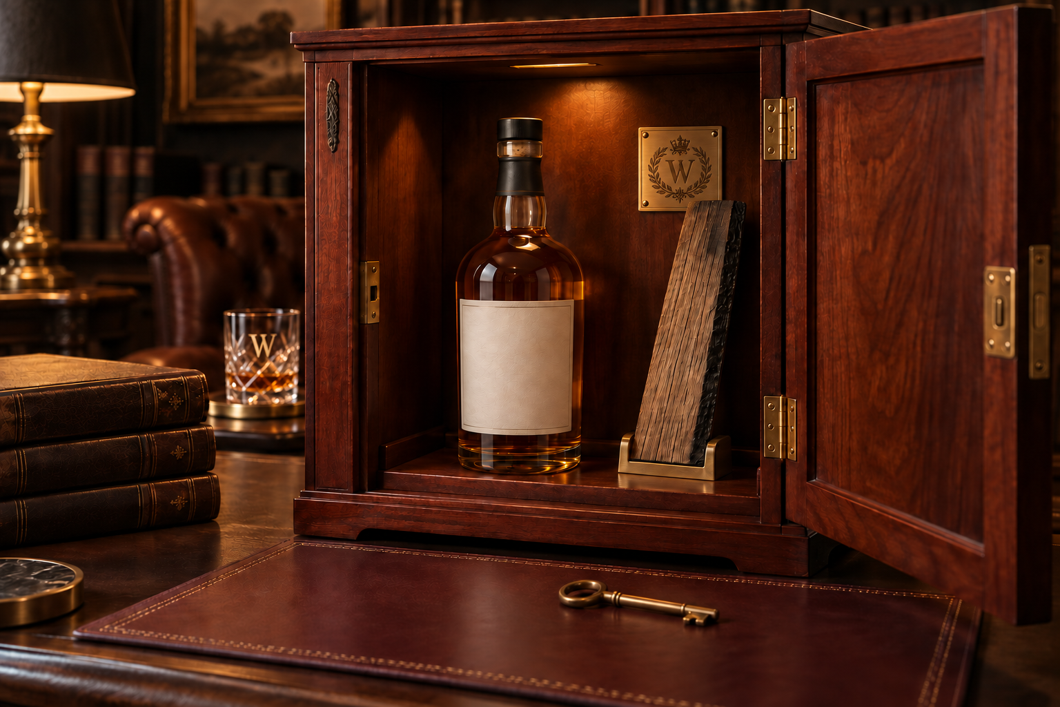 A lesser-known bottle and oak sample inside a cherry display cabinet