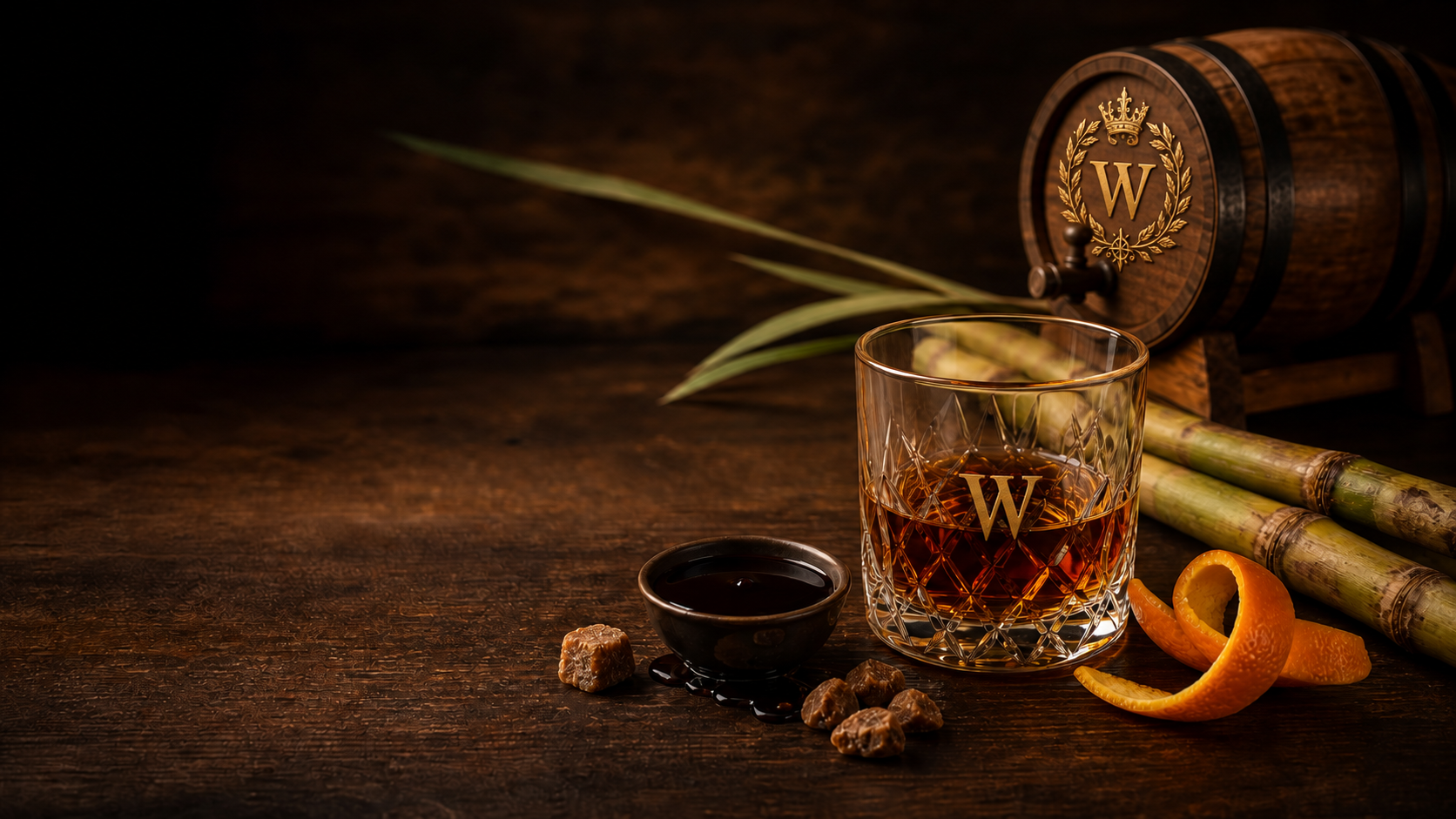 A cut-glass spirit pour beside a small oak barrel in a warm tasting-room setting