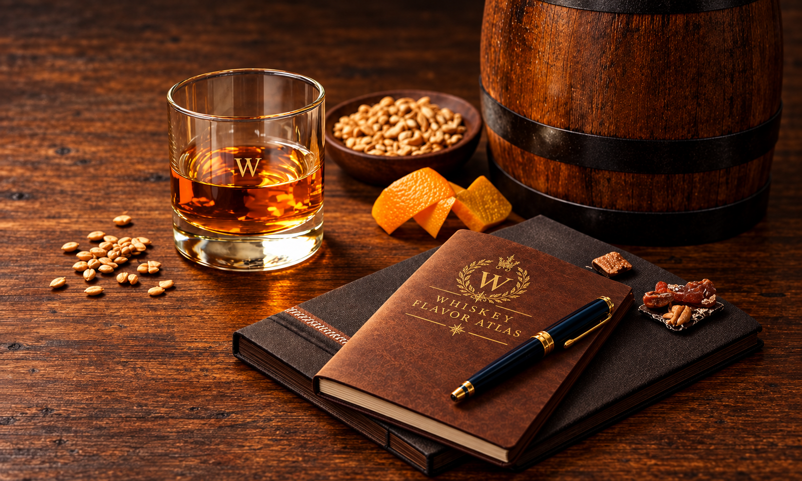 Whiskey glass, grain, and oak barrel in warm tasting-room light