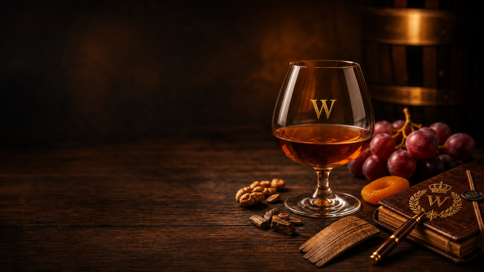 Leather journal, tasting glass, and writing instrument on a walnut table