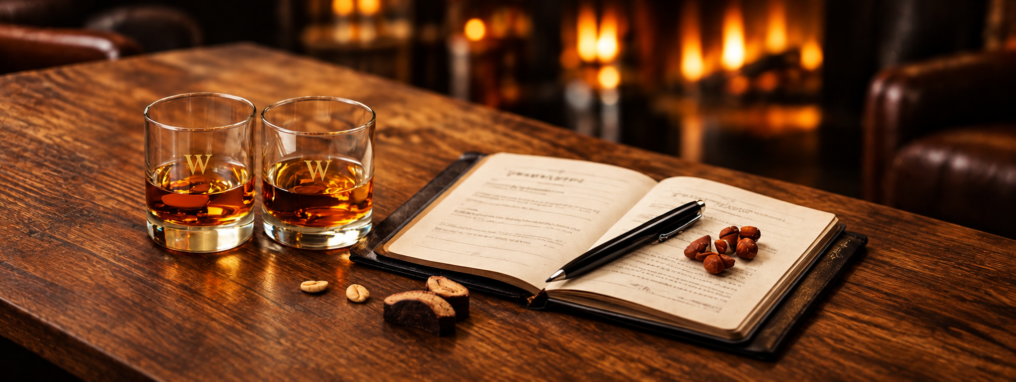 Two whiskey glasses beside an open tasting notebook