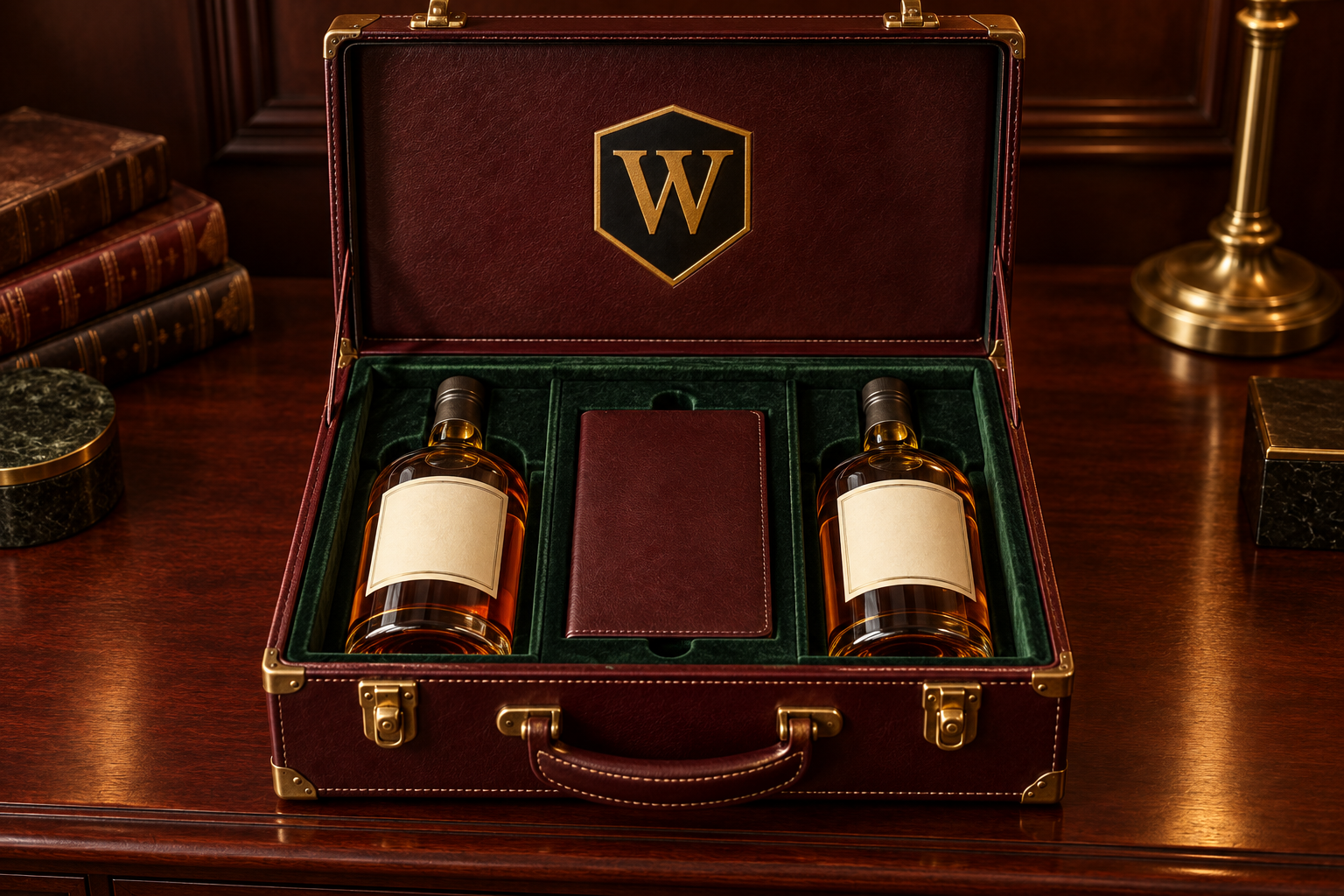 A personal leather bottle case with the Whiskey Flavor Atlas shield