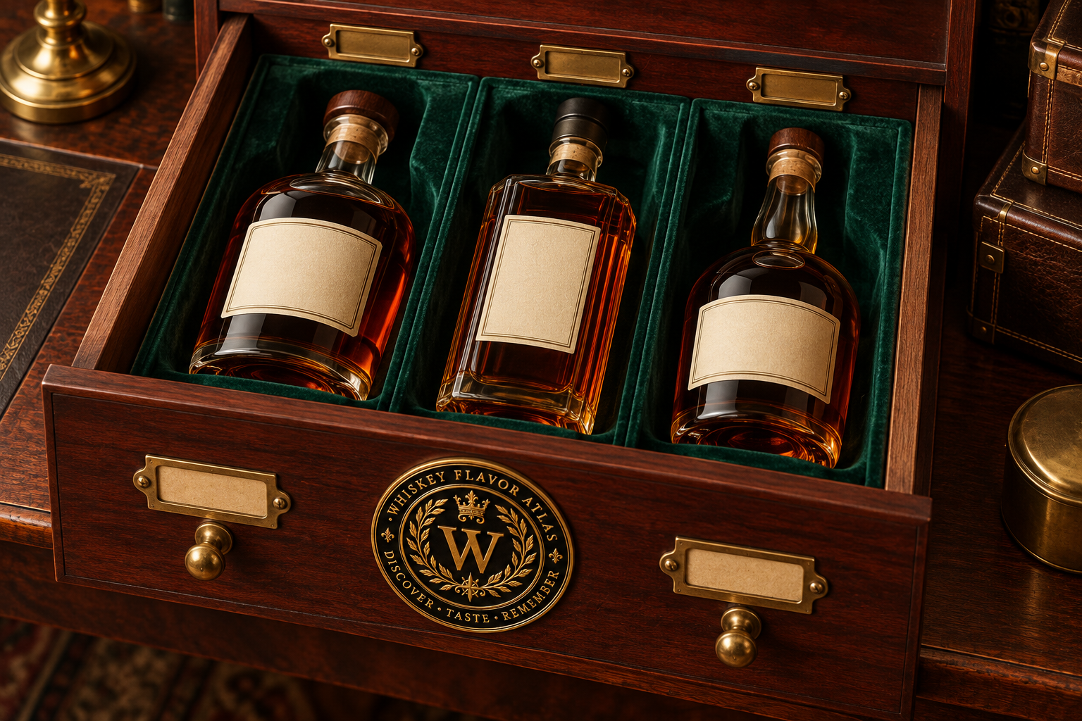 A cherry specimen drawer with three bottles and the Whiskey Flavor Atlas seal