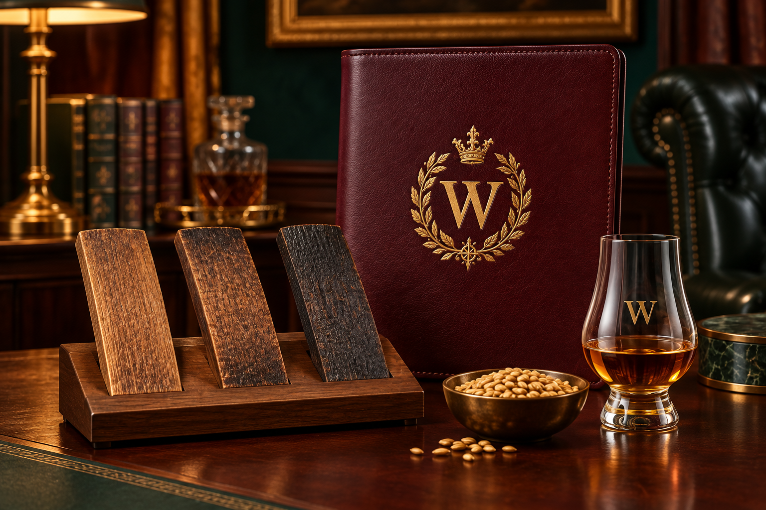 Oak specimens, barley and a gold-branded leather folio beside a tasting glass