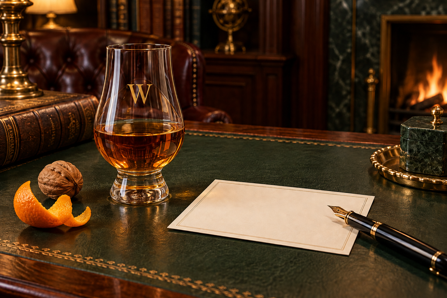 A whiskey glass with a gold W beside a tasting card and aroma associations