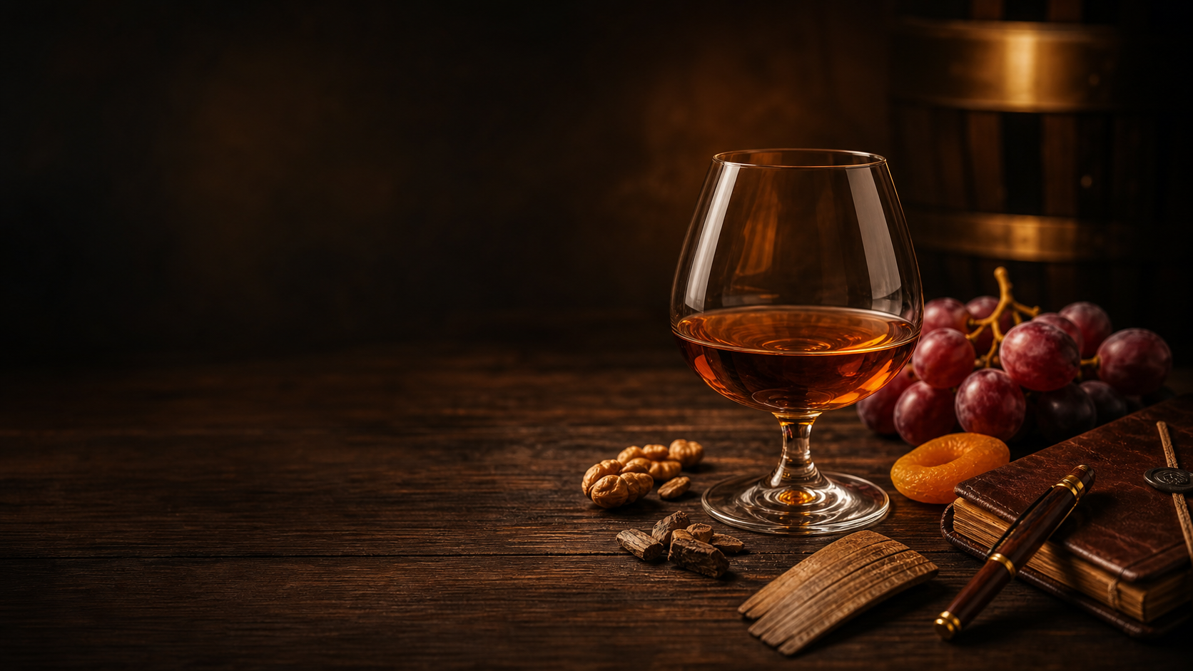 Leather journal, tasting glass, and writing instrument on a walnut table