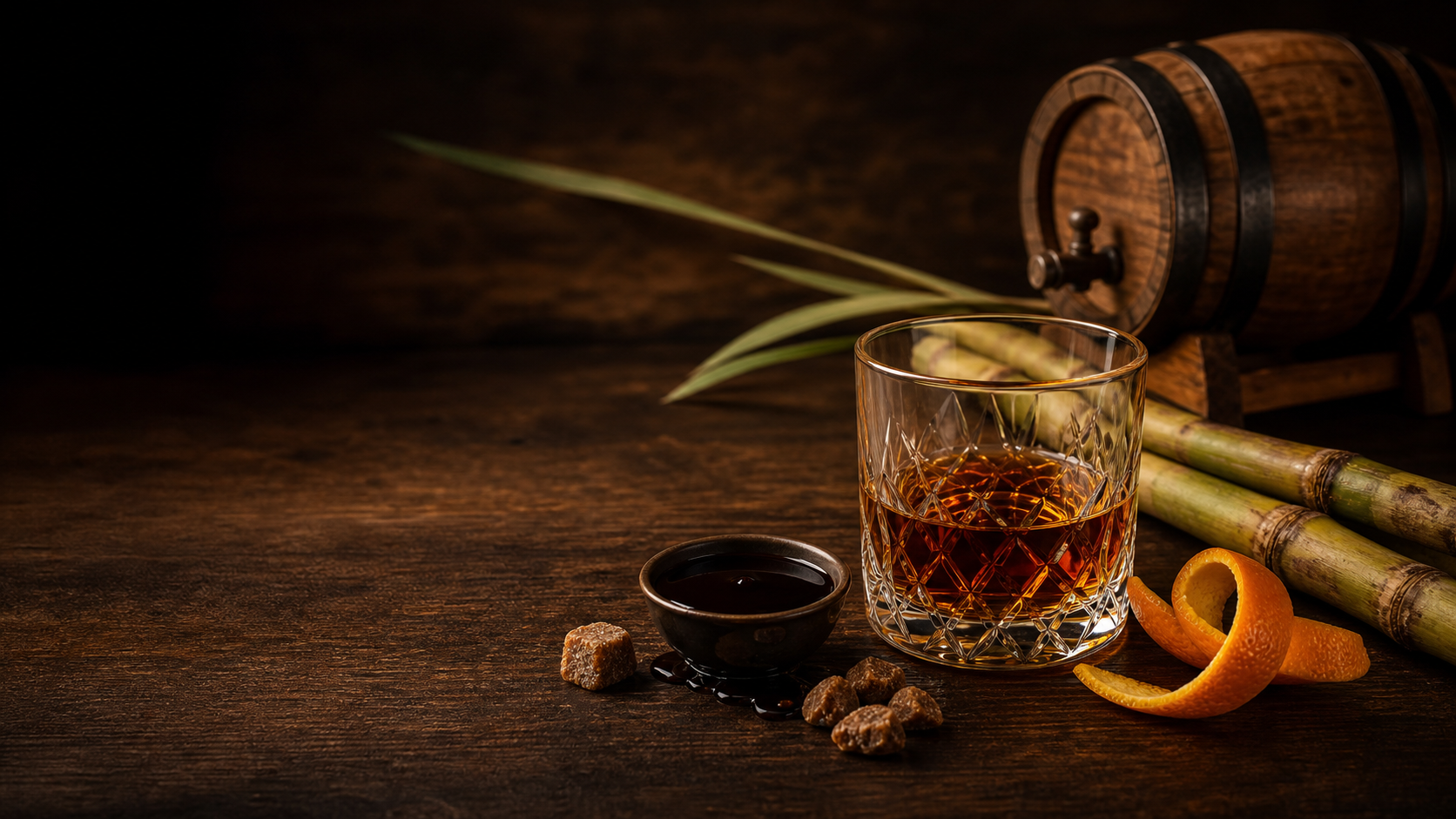 A cut-glass spirit pour beside a small oak barrel in a warm tasting-room setting