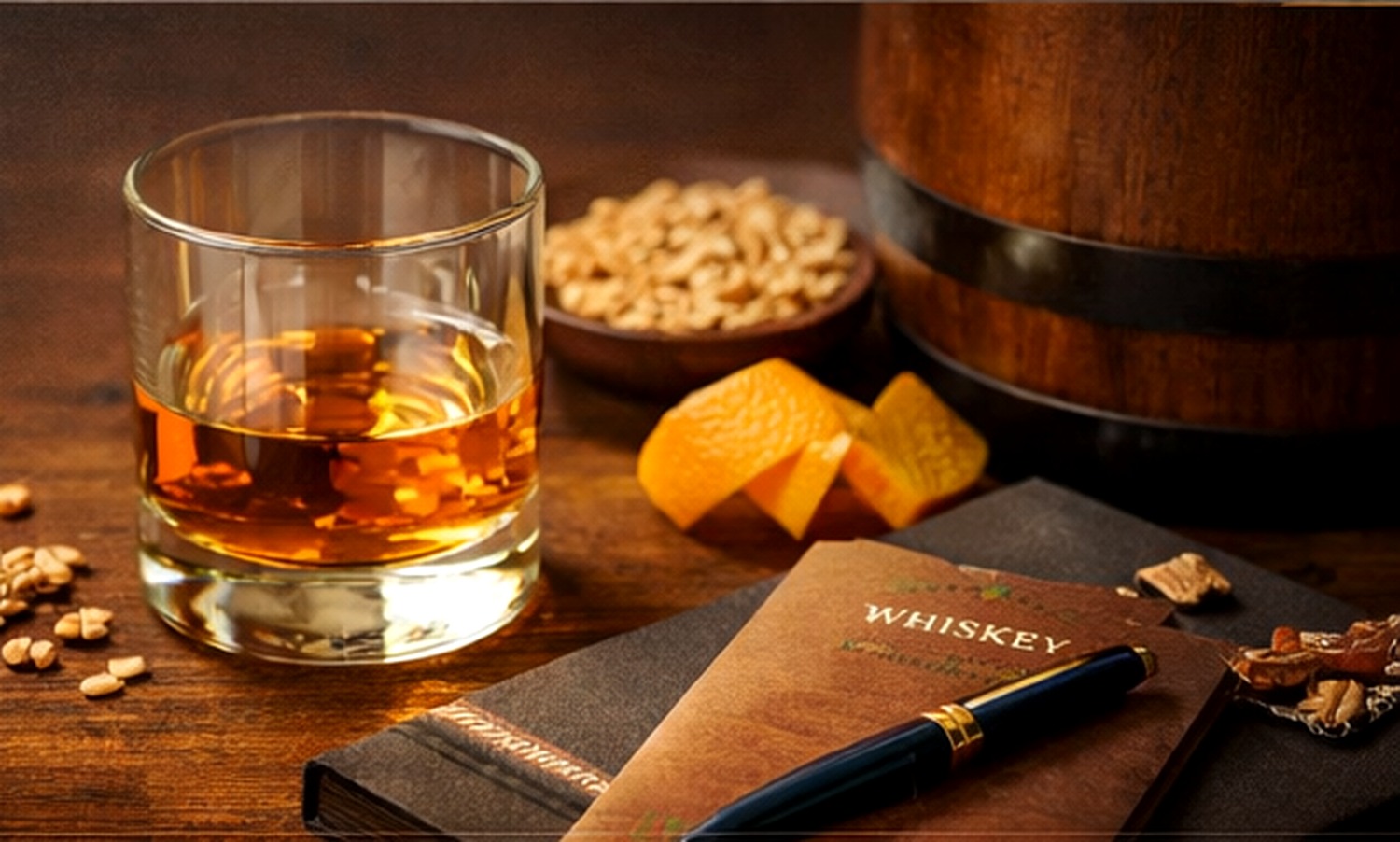 Whiskey glass, grain, and oak barrel in warm tasting-room light