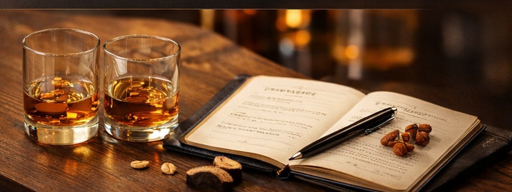 Two whiskey glasses beside an open tasting notebook
